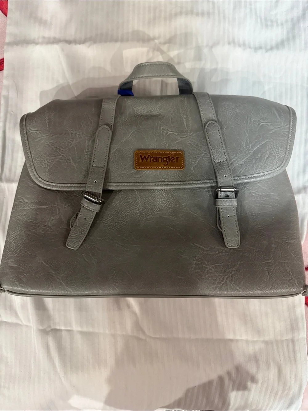 Wrangler Gray Faux-Leather Laptop Messenger Bag with Brown Patch